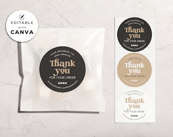 Editable Round Thank You Label Template Canva, Printable Small Business You Sticker Packaging (3 sizes) Hh
