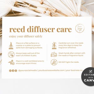 May include: Reed diffuser care instructions with icons. Place on a flat surface, keep out of reach of children and pets, place in a well-ventilated area, turn reeds every few days, wash hands after contact with reeds or fragrance liquid, do not light the reeds.