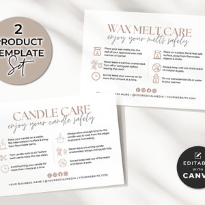 Candle Care Card & Wax Melt Care Card Set Template Canva, Editable Candle Care Instructions Card, Printable Wax Melt Care Cards Insert Aa