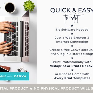 May include: A laptop with hands typing on the keyboard, a cup of coffee, a pen, a succulent, a phone, and text that reads "QUICK & EASY to edit". The image promotes a digital product that is editable with Canva.