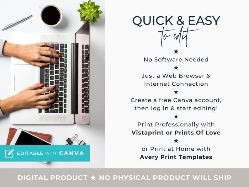 May include: A laptop with hands typing on the keyboard, a cup of coffee, a pen, a succulent, a phone, and text that reads "QUICK & EASY to edit". The image promotes a digital product that is editable with Canva.