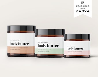 Printable Body Butter Label Template Canva, Editable Cosmetic Body Product Label, Skincare Branding Label, Custom DIY Beauty Jar Label Sa
