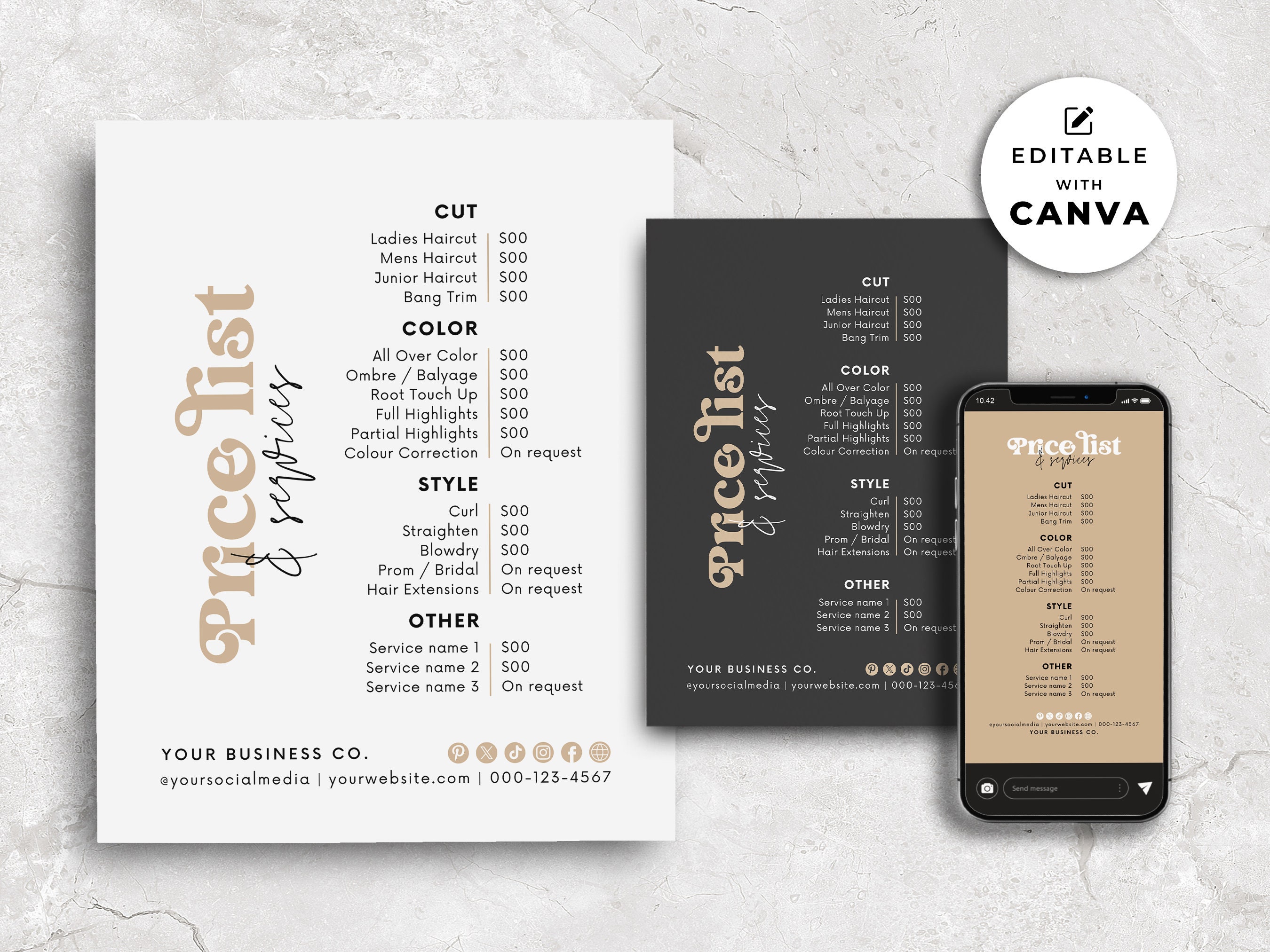 Price List Template Canva, Editable Hair Salon Price List, Small Business DIY Printable Price Sheet, Instagram Pricing List Template Hh