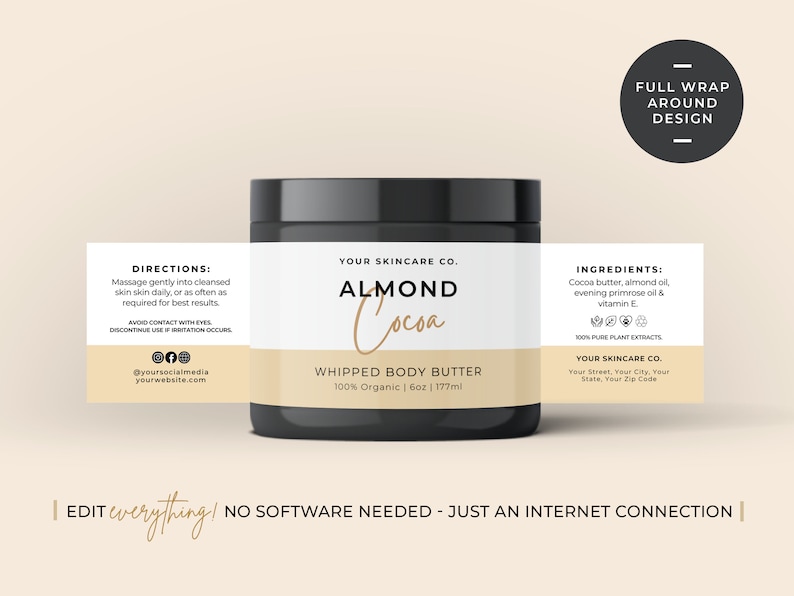 Body Product Label Template Canva, Body Butter Jar Label Editable, Printable Cosmetic Product Label Design, Skincare Custom Product Label Mm image 2
