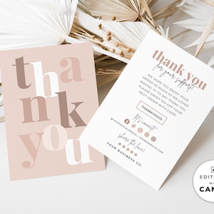 Business Thank You Card Template Canva, Modern Printable Purchase Thank You Card, Editable Small Business Order Thank You Package Insert Ca