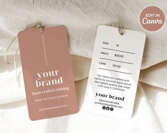 May include: A brown and white clothing tag with the text "your brand" and "hand-crafted clothing" in white. The tag also includes the text "Made with love in California" and "yourbusinesswebsite.com".
