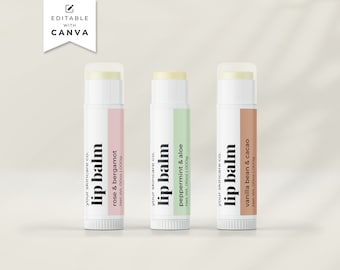 May include: Three white lip balm tubes with clear caps. The labels are white with black text. The lip balms are labeled "rose & bergamot", "peppermint & aloe", and "vanilla bean & cacao".