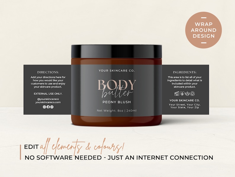 Editable Body Product Skincare Label Template, Body Butter Jar Label, Printable Cosmetic Product Label Template, Product Label Design Aa image 2