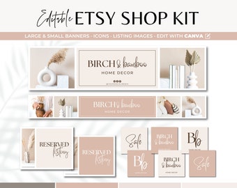 Può includere: Un kit per negozio Etsy modificabile con banner, icone e immagini di inserzioni in tonalità beige e marrone. Il testo include "BIRCH & bamboo HOME DECOR", "RESERVED listing", "Sale" e "Bb". Gli elementi di design mostrano vasi e piante.