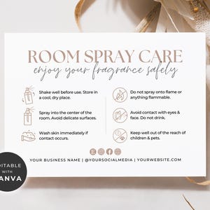 Room Spray Care Card & Icons Template Canva, Printable Linen Spray Care Instructions, Editable Home Fragrance Care Guide Parcel Insert Aa