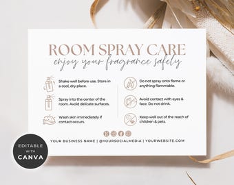 Room Spray Care Card & Icons Template Canva, Printable Linen Spray Care Instructions, Editable Home Fragrance Care Guide Parcel Insert Aa