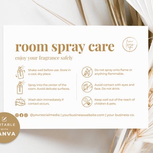 Room Spray Care Card & Icons Template Canva, Printable Linen Spray Care Instructions, Editable Home Fragrance Care Guide Parcel Insert Ss