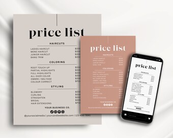 Price List Template Canva, Printable Hair Salon Price List, Editable Spa Pricing Sheet Instagram Story, Modern Small Business Price List Rr