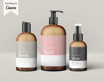 Editable Body Product Label Template Canva, Cosmetic Bottle Label Design, Printable Skincare Label Template, 4oz 8oz 16oz Product Labels Lj