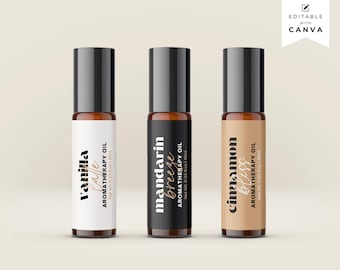 Essential Oil Roller Bottle Label Template: Editable Skincare Branding (Canva, 2"x2") Mi