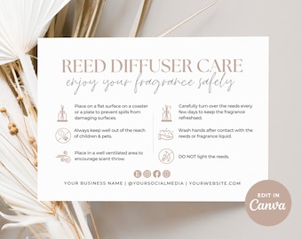 Reed Diffuser Care Card Template Canva, Printable Room Diffuser Care Instructions, Editable Home Fragrance Safety Card Thank You Insert Aa