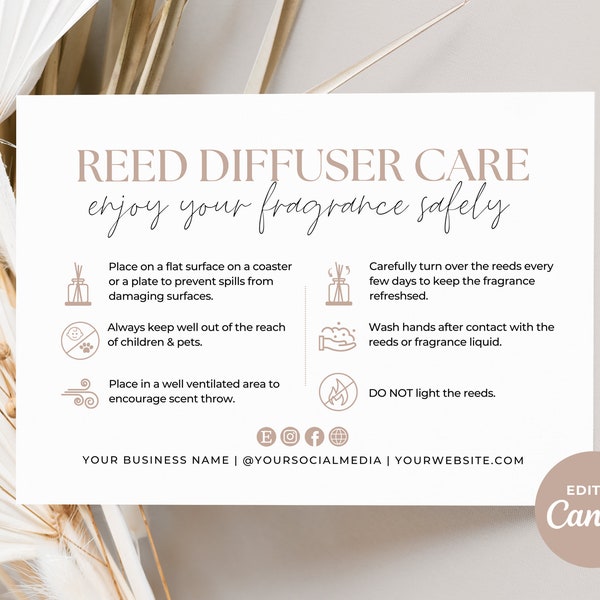 Reed Diffuser Care Card Template Canva, Printable Room Diffuser Care Instructions, Editable Home Fragrance Safety Card Thank You Insert Aa