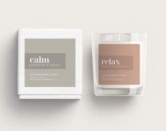 May include: Two candles, one in a clear glass jar and one in a white box. The candle in the jar is labeled "relax rose & patchouli" and the candle in the box is labeled "calm geranium & cedar". Both candles are hand-poured soy candles.
