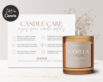 Candle Label Templates + Matching Candle Care Card with Icons Canva, Editable Candle Label Design, Printable Candle Business Thank You Aa