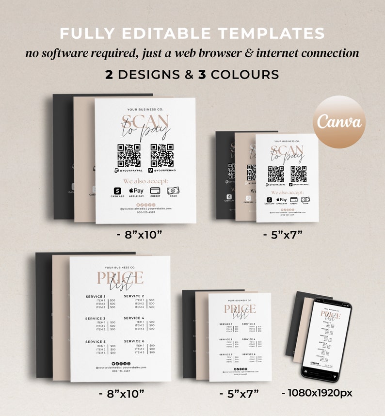 Price List Template & Scan to Pay Template QR Code Sign Canva Etsy UK