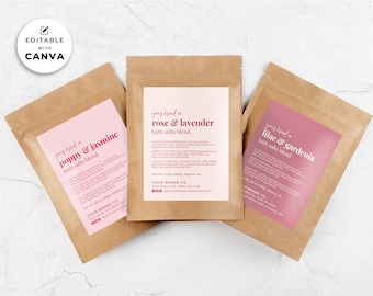 May include: Three brown paper pouches with pink labels. Each label features a different floral scent: Poppy & Jasmine, Rose & Lavender, and Lilac & Gardenia. The labels also include the text "your brand" and "bath salts blend".