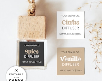 May include: Three square labels with rounded corners for car air fresheners. The labels are beige with brown text. The labels read "Your Brand Co. Citrus Diffuser Net Wt. 00FL.OZ (00ML)", "Your Brand Co. Spice Diffuser Net Wt. 00FL.OZ (00ML)", and "Your Brand Co. Vanilla Diffuser Net Wt. 00FL.OZ (00ML)".