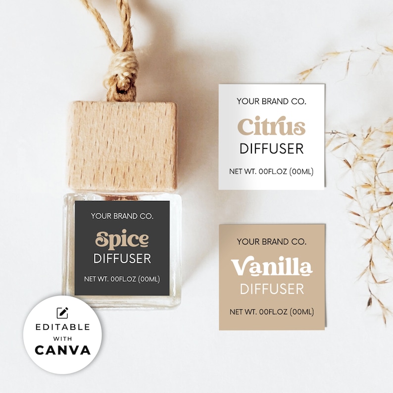 Car Diffuser Label Template Canva, Editable Oil Fragrance Bottle Label Design, Printable Hanging Diffuser Label, DIY Car Freshener Label Hh imagen 1