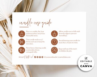 May include: Candle care guide with illustrations and instructions. Place candle on a stable, flat, heat-resistant surface. Trim wick to 1/4 inch before each use. Avoid burning for more than 2 hours at a time. Keep out of reach of children and pets. Connect with us on social media.