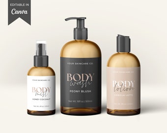 Editable Body Product Label Template, Skincare Label Template for Bottles, Cosmetic Labels Printable Canva, DIY Skin Care Product Labels Aa