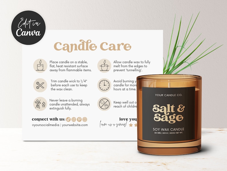 Editable Candle Label Template + Candle Care Card with Icons, 2 Canva Template Designs (Printable) Hh image 1