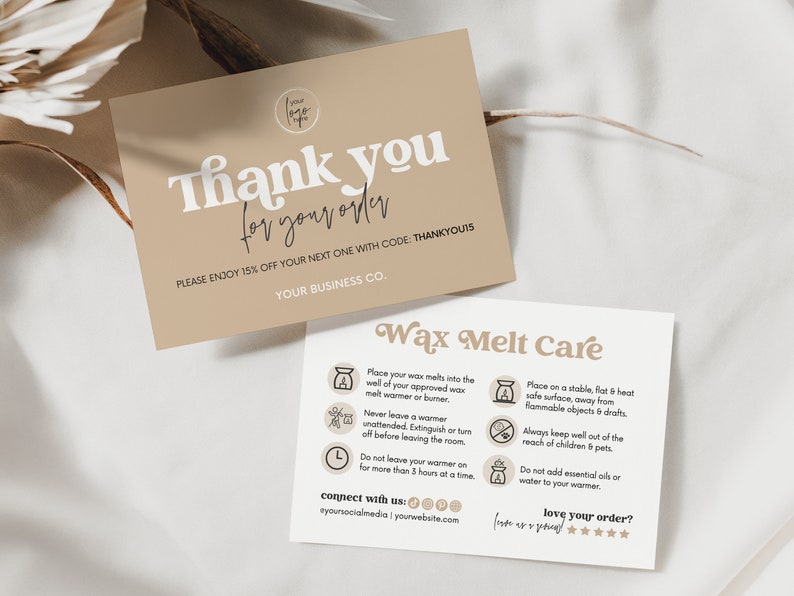 Wax Melt Care Card Template Canva, Printable Wax Melt Care Instructions, Editable Wax Melt Safety Thank You,Candle Business Parcel Insert Hh image 1