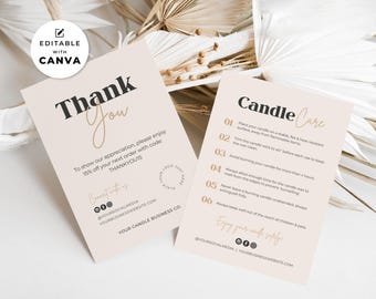 Editable Candle Care Card Template Canva, Candle Business Thank You Card Care Instructions, Printable Thanks For Your Order Package Insert