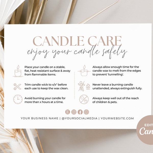 Candle Care Card Template Canva, Editable Care Instructions Safety Card Candle Business, Printable Care Card Insert, Order Thank You Card Aa