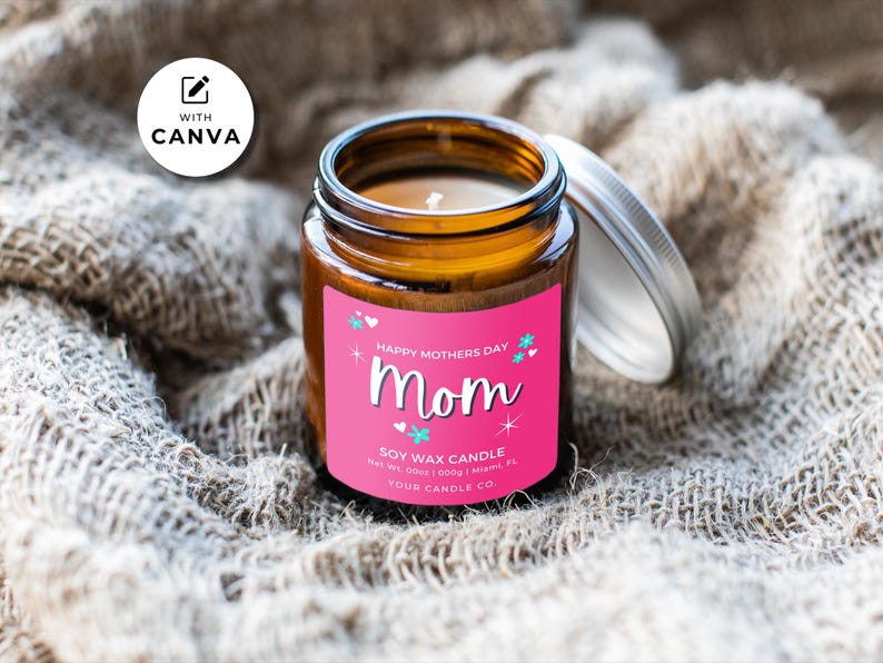 Mothers Day Candle Label Design, Editable Canva Template, Mom Candle Label (Digital Download) image 1