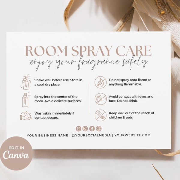 Room Spray Care Card & Icons Template Canva, Printable Linen Spray Care Instructions, Editable Home Fragrance Care Guide Parcel Insert Aa