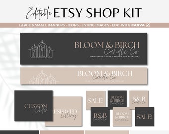 Könnte beinhalten: Editierbares Etsy-Shop-Kit mit schwarzen und beigen Bannern, Symbolen und Listungsbildern. Die Banner zeigen den Text "Bloom & Birch Candle Co." und eine Strichzeichnung von Kerzen. Die Symbole umfassen "Individuelle Bestellung", "Reservierte Liste", "Sale!" und "B&B Candle Co.".