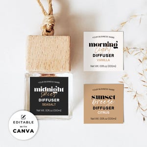 May include: A wooden car air freshener with a glass bottle containing a diffuser. The labels read "Midnight Skies Seasalt", "Morning Light Vanilla", and "Sunset Breeze Citrus". The image also includes the text "Editable with Canva".