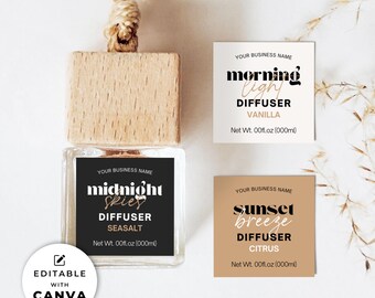 May include: A wooden car air freshener with a glass bottle containing a diffuser. The labels read "Midnight Skies Seasalt", "Morning Light Vanilla", and "Sunset Breeze Citrus". The image also includes the text "Editable with Canva".