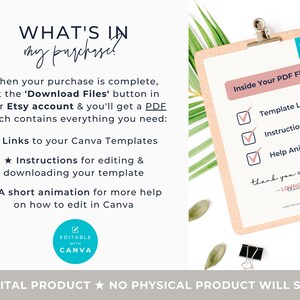 May include: A digital product image with text that reads "WHAT'S IN my purchase!" and "DIGITAL PRODUCT NO PHYSICAL PRODUCT WILL SHIP". A clipboard displays "Inside Your PDF File" with a checklist for template links, instructions, and help animation.