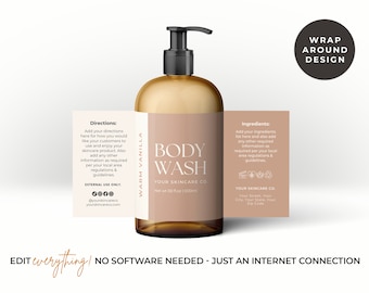 May include: A brown amber bottle of body wash with a pump dispenser. The label is cream colored with the text "Warm Vanilla Body Wash" and "Your Skincare Co.". The bottle is sitting on a white background.