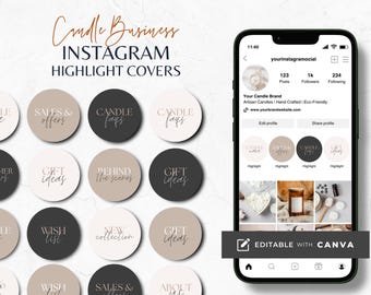 Op de afbeelding: Een set van 12 Instagram-highlightcovers voor een kaarsenbedrijf. De covers zijn in zwart, wit en beige met tekst die "Kaarsverzorging", "Verkoop & Aanbiedingen", "Cadeau-ideeën", "Achter de schermen", "Nieuwe collectie", "Wenslijst" en "Kaars-FAQ's" omvat.