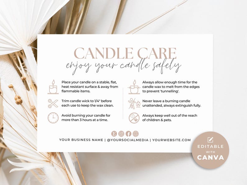 Candle Care Card Template Canva, Editable Care Instructions Safety Card Candle Business, Printable Care Card Insert, Order Thank You Card Aa image 1