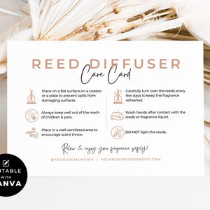 Reed Diffuser Care Card Template Canva, Printable Room Diffuser Care Instructions, Editable Home Fragrance Safety Card Thank You Insert Sw
