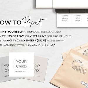 May include: Image showing instructions on how to print cards. The text reads "HOW TO Print" with options for printing at home, using Prints of Love or Vistaprint, Avery card sheets, or a local print shop. Cards with the text "YOUR CARD" are displayed.