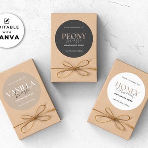 Editable Round Soap Label Template Canva, Modern Soap Label Design, Handmade Round Soap Bar Branding Printable, Elegant Soap Packaging Aa