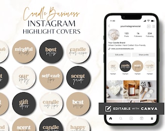 Op de afbeelding: Een set van 12 Instagram-highlightcovers voor een kaarsenbedrijf. De covers zijn in een minimalistische stijl met zwart, wit en beige kleuren. De tekst op de covers omvat zinnen als "bestsellers", "kaarsverzorgingstips" en "mindful blends".