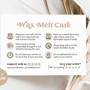 Wax Melt Care Card Template Canva, Printable Wax Melt Care Instructions, Editable Wax Melt Safety Thank You,Candle Business Parcel Insert Hh image 2
