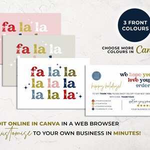 May include: A collection of holiday-themed cards with the phrase "fa la la" in red, gold, and blue. The cards are in pink, gray, and white. Additional text includes "3 Front Colours", "Choose More Colours in Canva", and "Happy Holidays!"