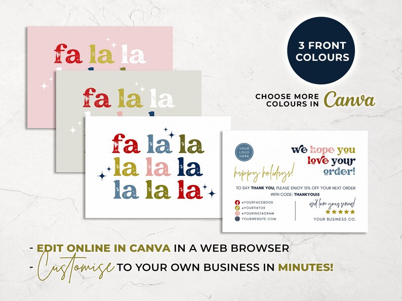 May include: A collection of holiday-themed cards with the phrase "fa la la" in red, gold, and blue. The cards are in pink, gray, and white. Additional text includes "3 Front Colours", "Choose More Colours in Canva", and "Happy Holidays!"