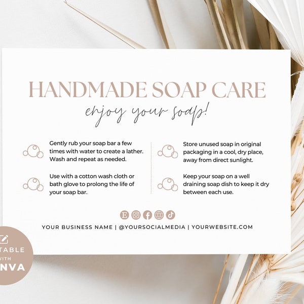 Printable Soap Care Card Template Canva, Editable Soap Bar Care Instructions, Handmade Soap DIY Care Guide Parcel Insert Aa